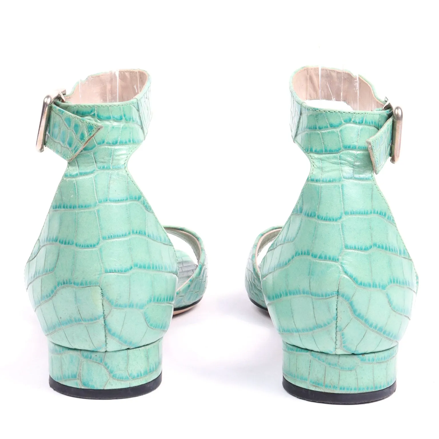 2000s Dries Van Noten Green Leather Alligator Embossed Sandals