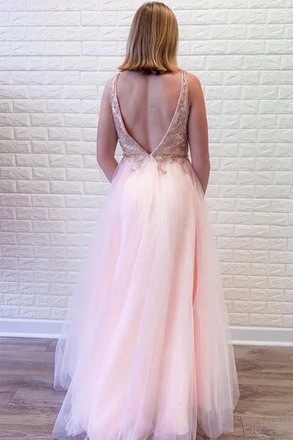 A-Line Pink Tulle V-neck Backless Beading Crystal Prom/Formal Dress PSK151