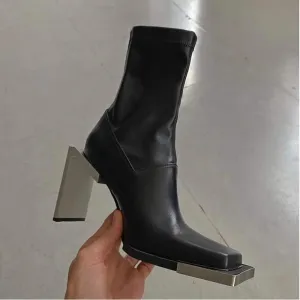 Amozae-  2024 New Autumn Winter Fashion Casual High Heel Back Zipper Square Head Strange Style Thin Leather Shoes Women Boots