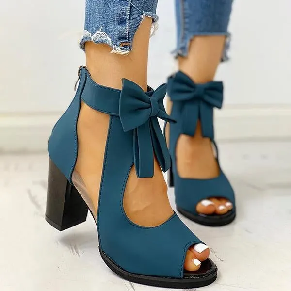 Amozae Peep Toe Mesh Insert Bowknot Chunky Heeled Sandals