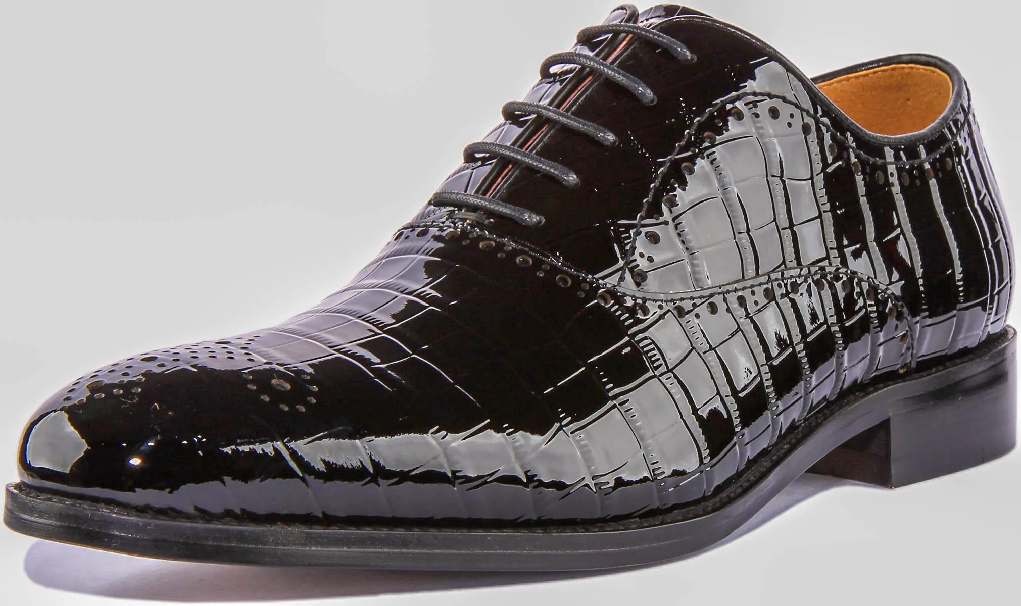 Andre Lace Up Croc Print In Black Patent