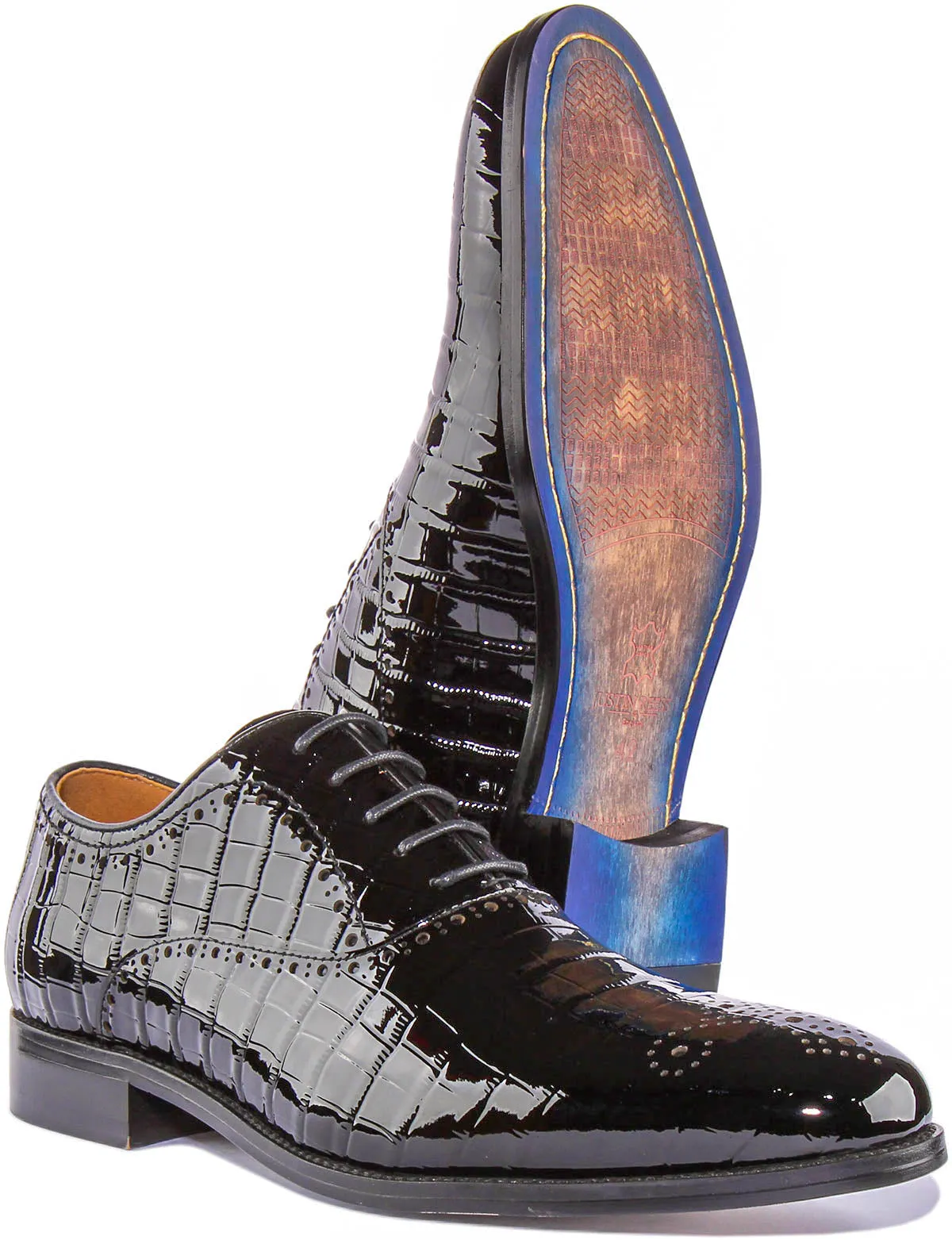 Andre Lace Up Croc Print In Black Patent