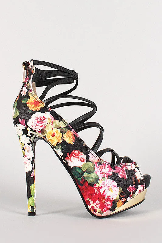 Anne Michelle Floral Elastic Strap Open Toe Platform Pump