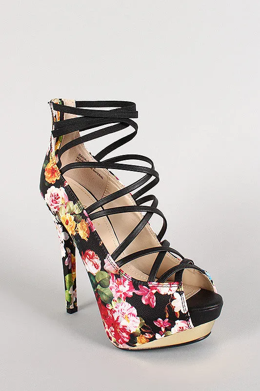 Anne Michelle Floral Elastic Strap Open Toe Platform Pump