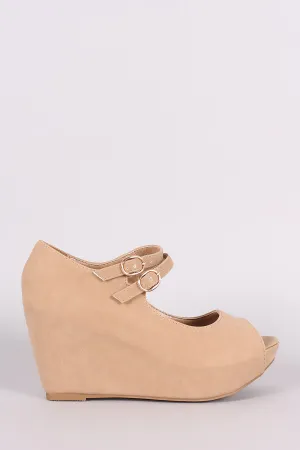 Bamboo Nubuck Double Mary Jane Strap Platform Wedge