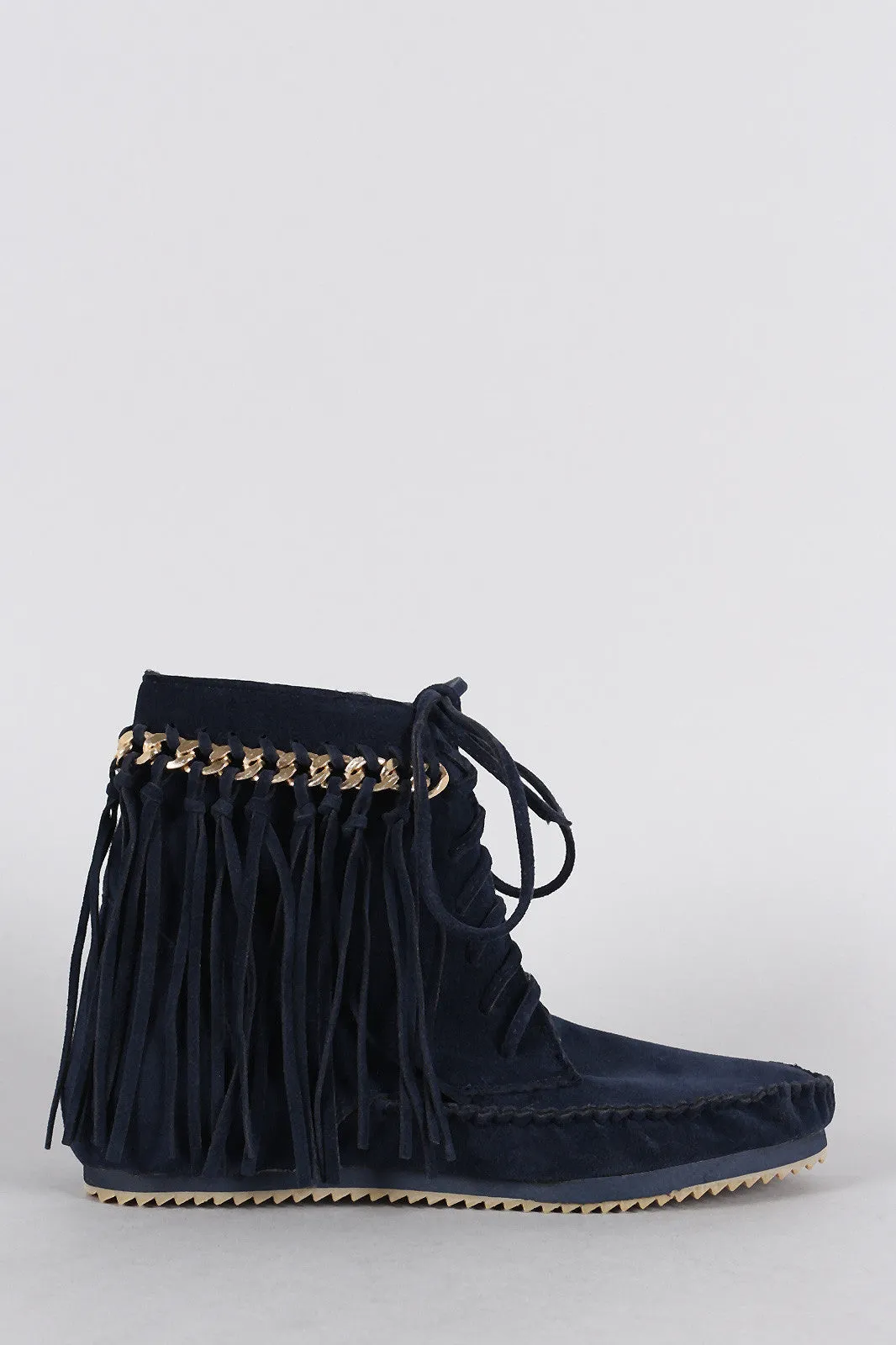 Bamboo Suede Link Chain Fringe Lace Up Moccasin Flat Booties