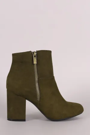 Bamboo Suede Zipper Accent Chunky Heeled Ankle Boots