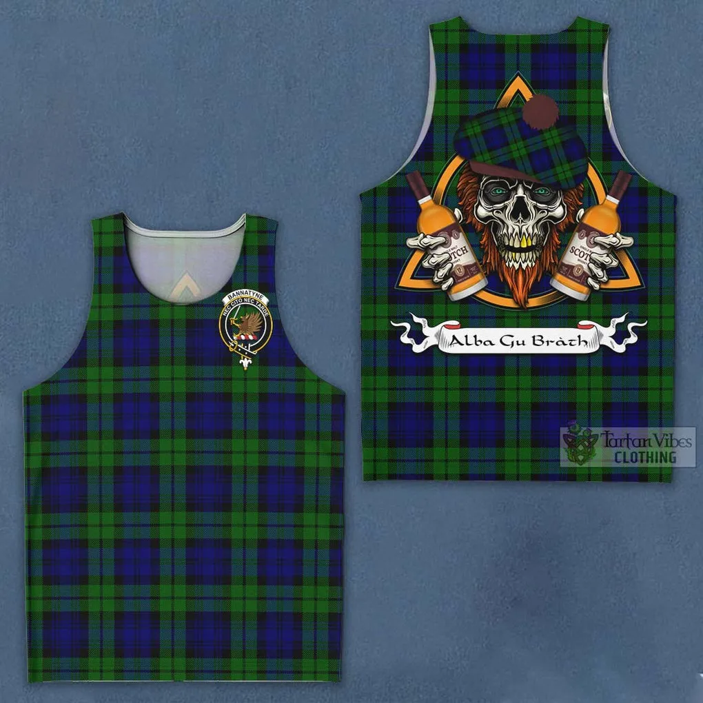 Bannatyne Tartan Men's Tank Top with Family Crest and Bearded Skull Holding Bottles of Whiskey