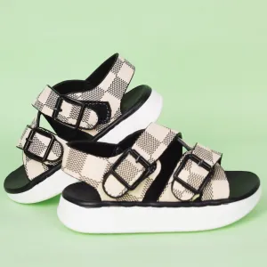 Black & Beige Checked Criss Cross Strap Sandal