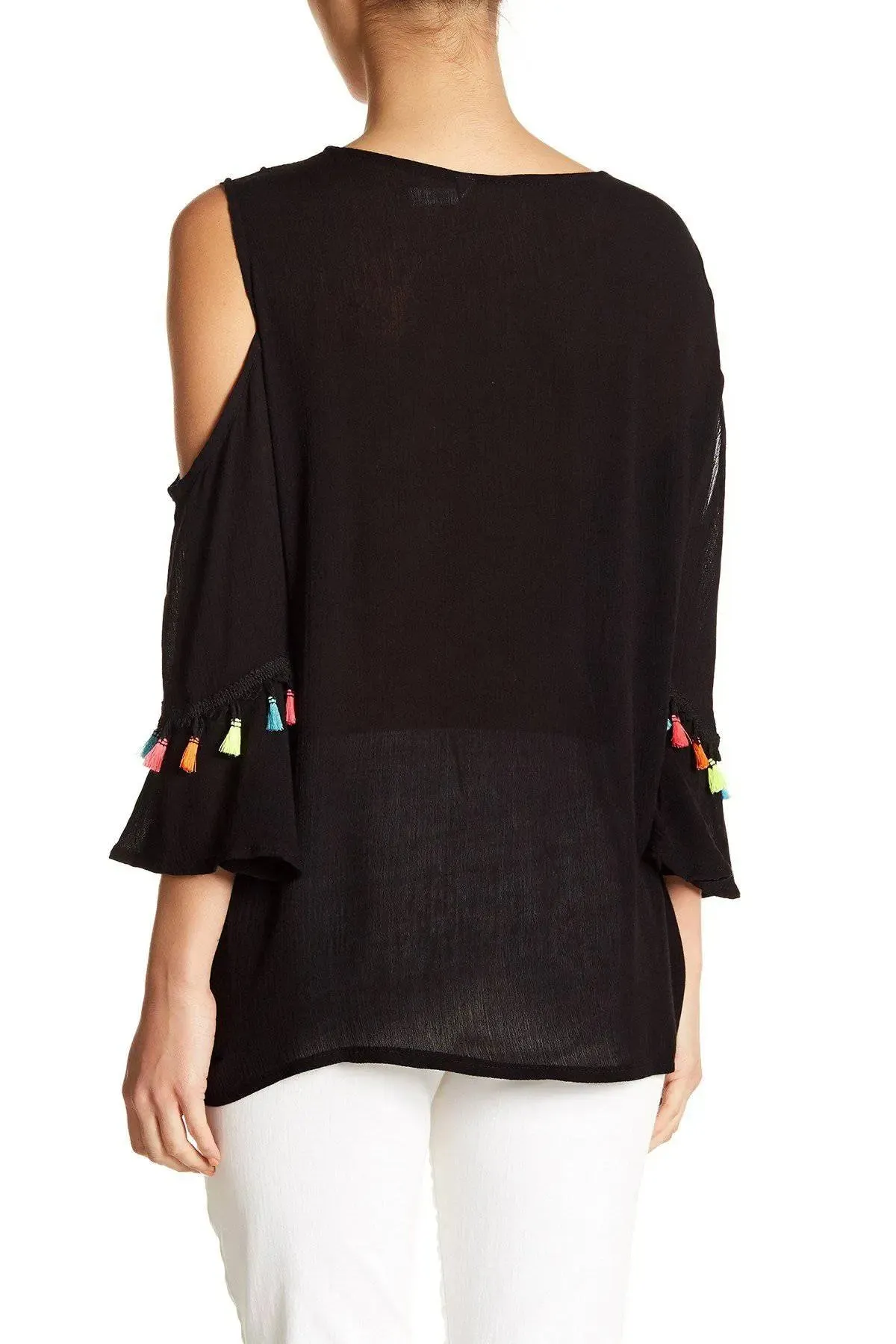 Black Embroidered Cold Shoulder Beach Top with Colorful Tassels