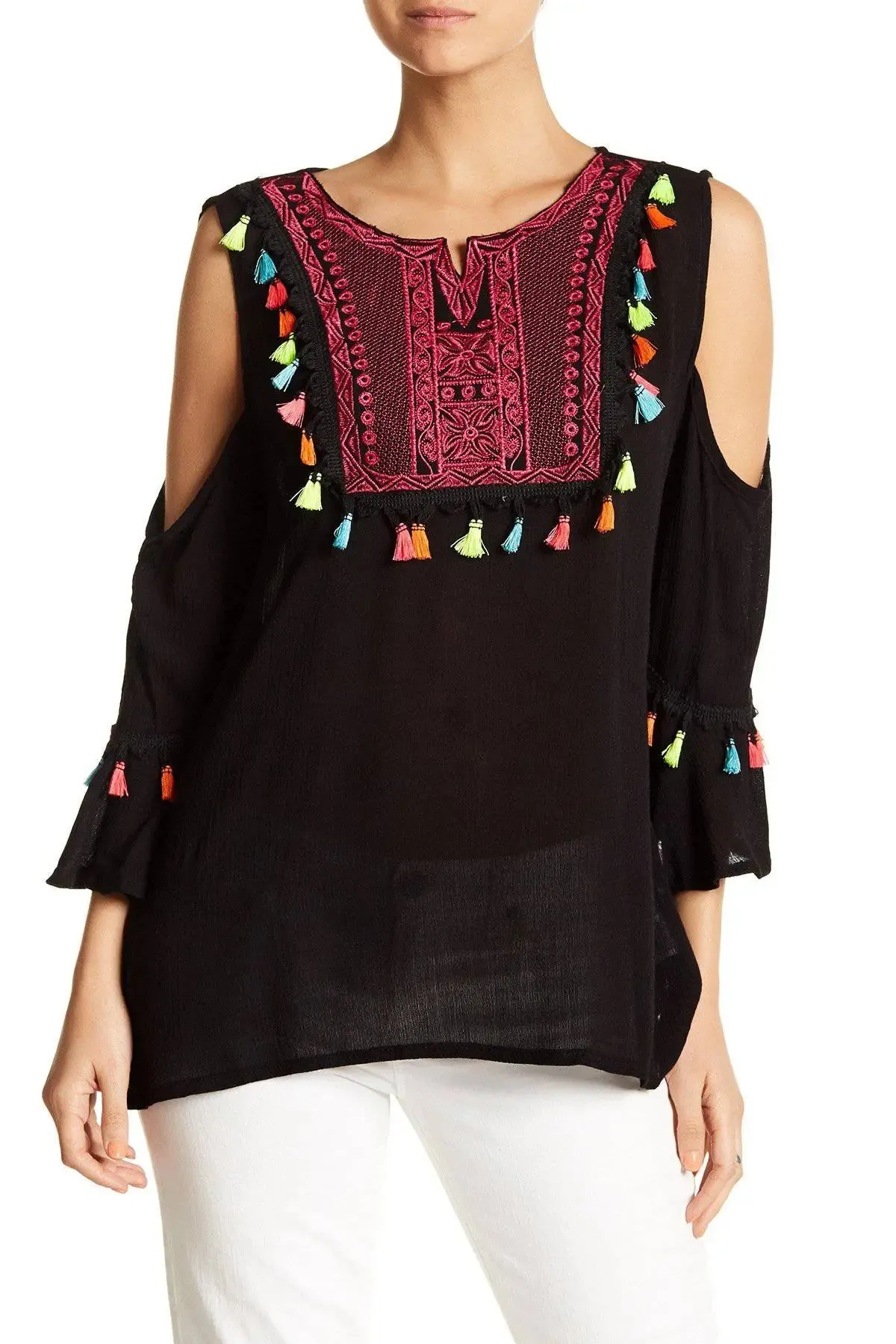 Black Embroidered Cold Shoulder Beach Top with Colorful Tassels