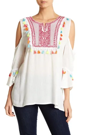 Black Embroidered Cold Shoulder Beach Top with Colorful Tassels