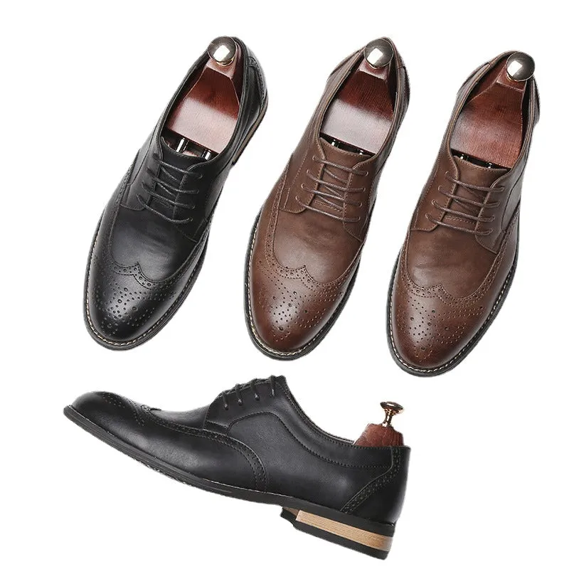 Brogue carved men's small leather shoes men's autumn Korean style lace-up British pointed toe business casual low-top men's shoes