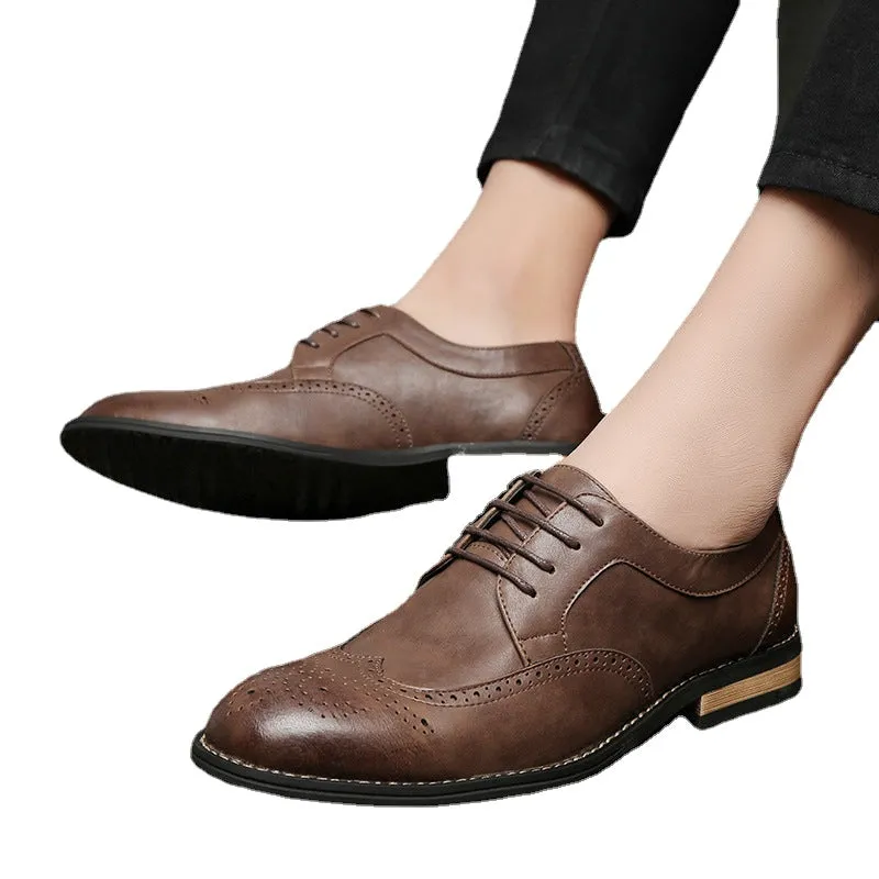 Brogue carved men's small leather shoes men's autumn Korean style lace-up British pointed toe business casual low-top men's shoes