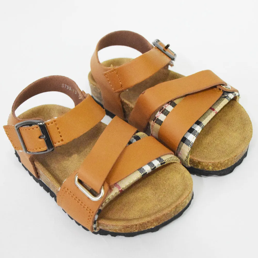 Buckle Straps With Velcro Closure Sandals- Beige & Brown