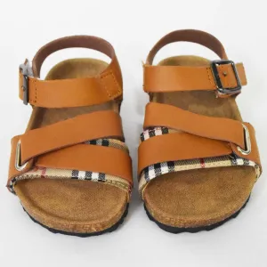 Buckle Straps With Velcro Closure Sandals- Beige & Brown