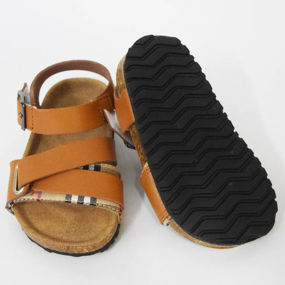 Buckle Straps With Velcro Closure Sandals- Beige & Brown