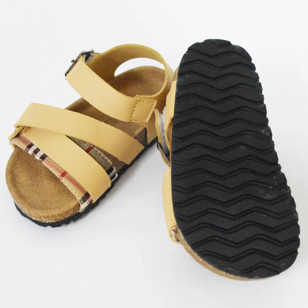 Buckle Straps With Velcro Closure Sandals- Beige & Brown