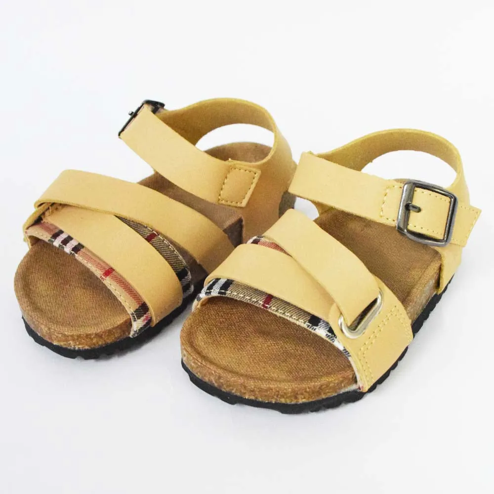 Buckle Straps With Velcro Closure Sandals- Beige & Brown