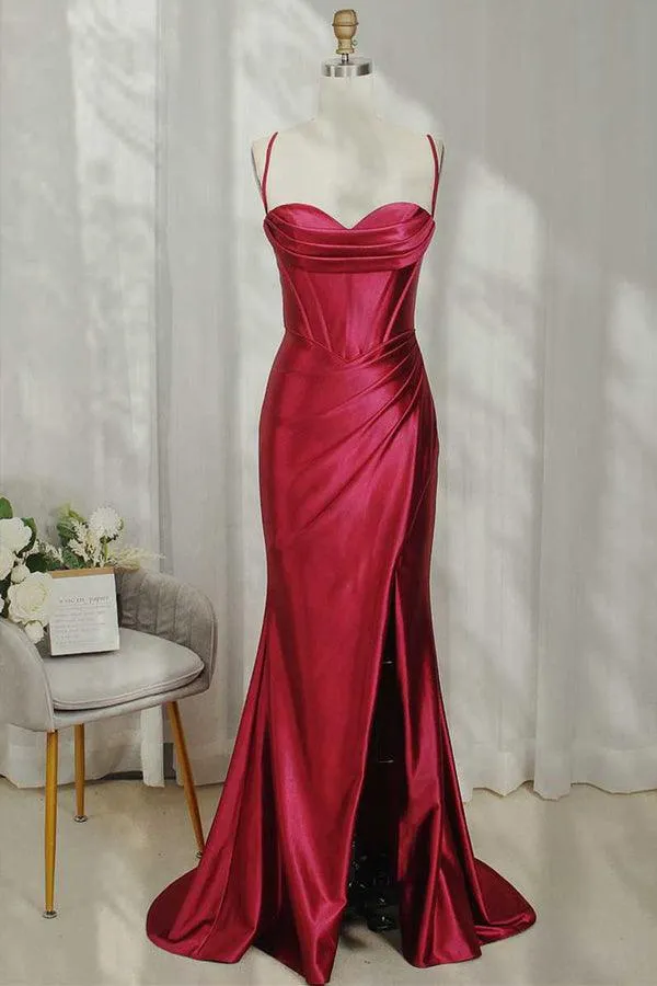 Burgundy Straps Sheath Split Evening Formal Long Prom Dresses  PSK321