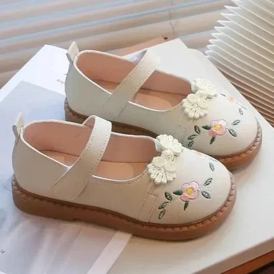 Children's Casual Shoes - Girls' Leather Flat with Flowers - TSS218