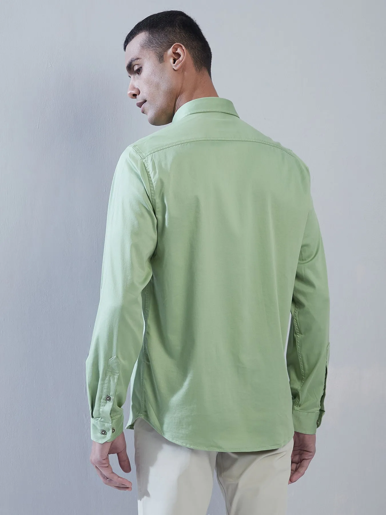 Cotton Stretch Green Plain Slim Fit Full Sleeve Casual Shirt