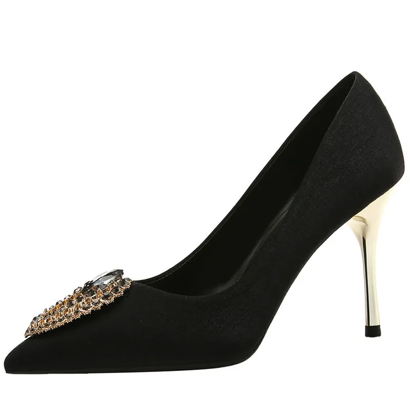 Crystal Studded Pointed Toe Sensual Versatile Fashion High Heels Shoes