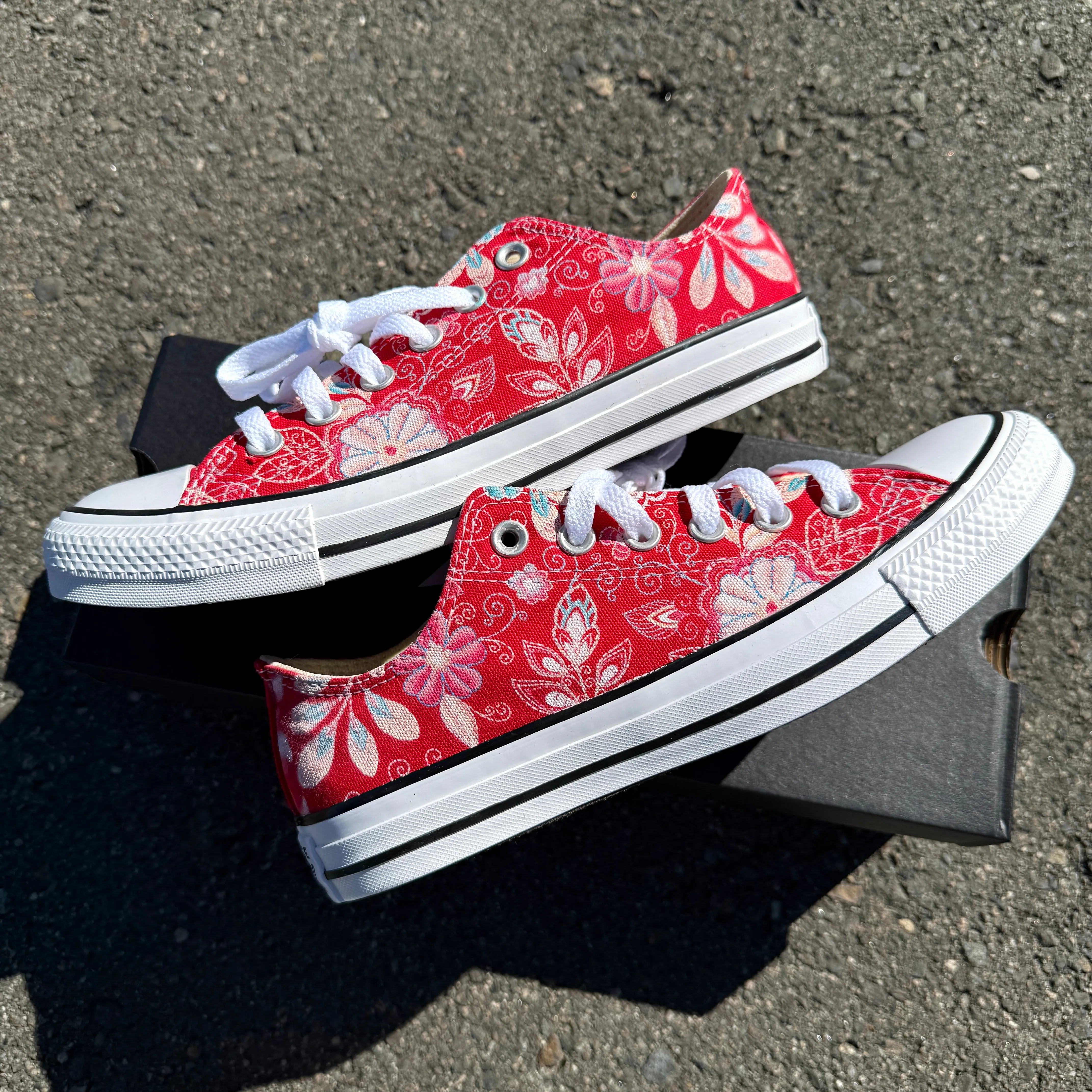 Custom Embroidered Style Print Red Converse Low Top Chuck Taylor Shoes