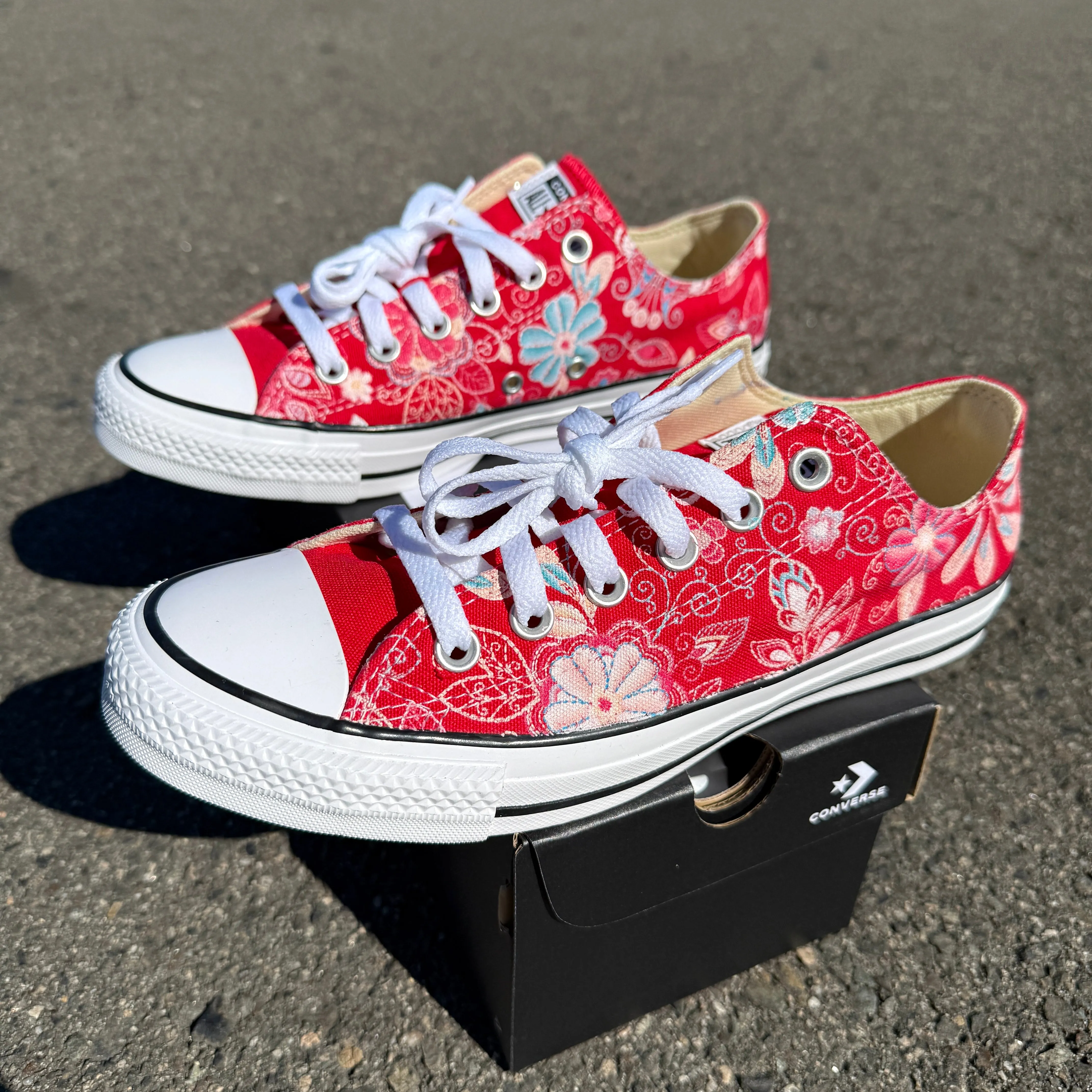 Custom Embroidered Style Print Red Converse Low Top Chuck Taylor Shoes