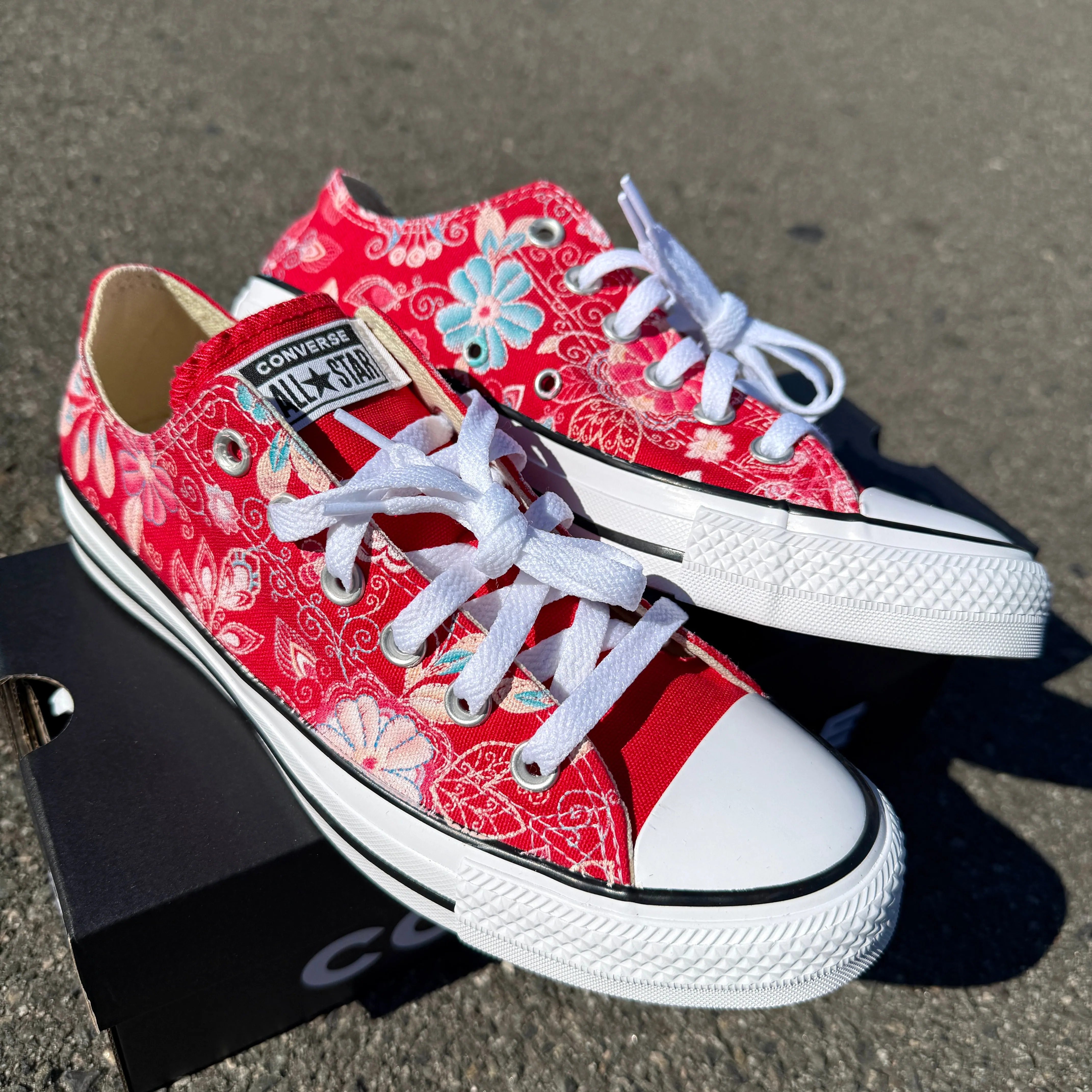 Custom Embroidered Style Print Red Converse Low Top Chuck Taylor Shoes