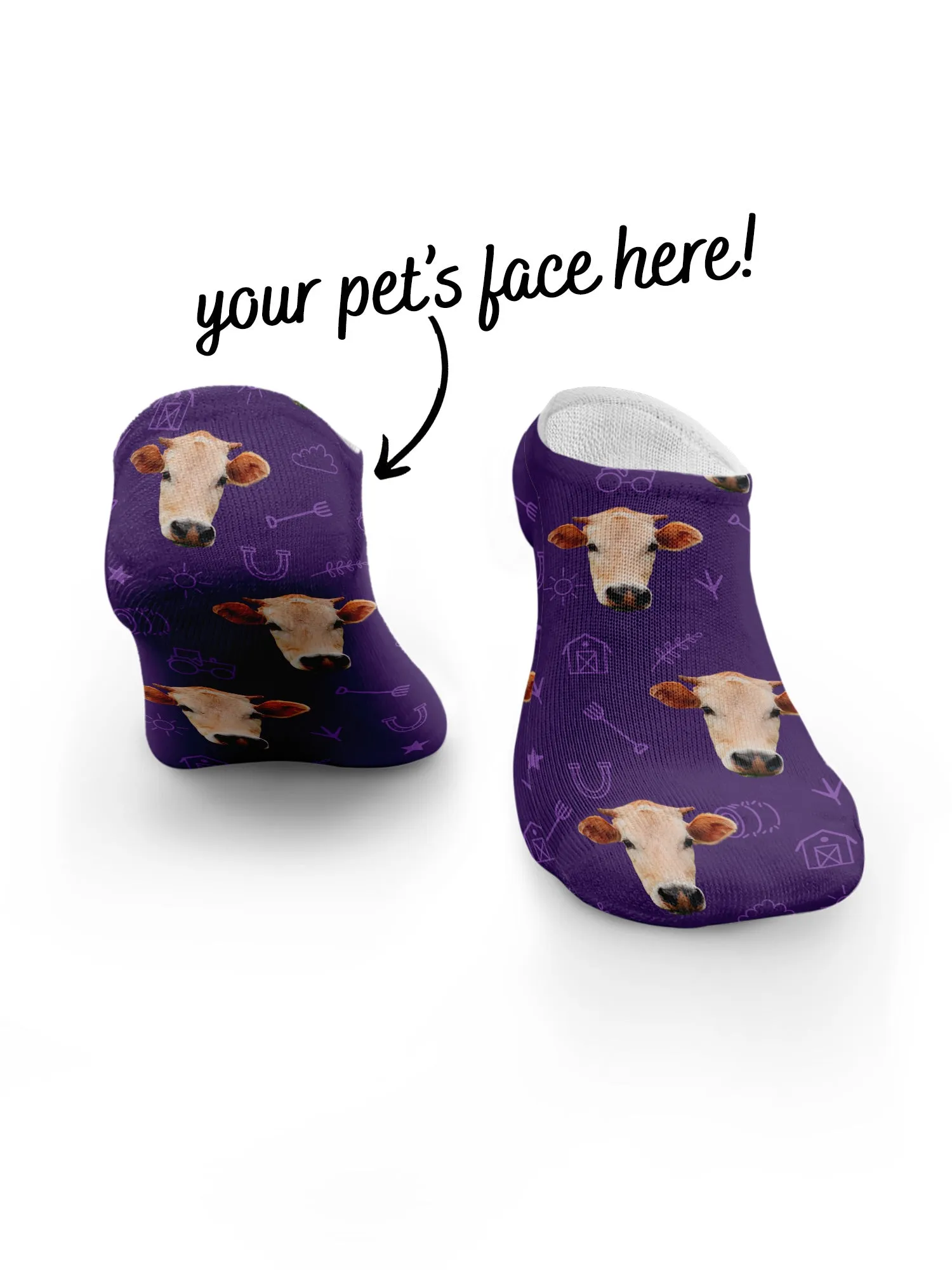 Custom Farm Animal Face No-Show Socks