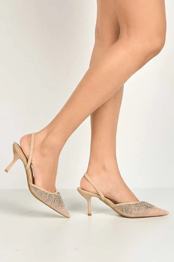 Cynthia Gemstone Embellished Mesh Slingback Court Shoes in Nude