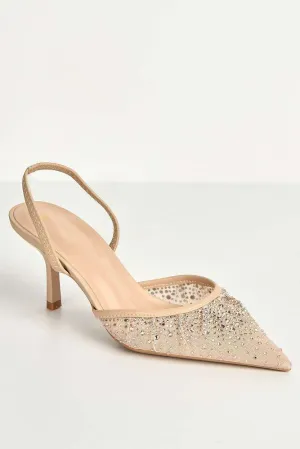 Cynthia Gemstone Embellished Mesh Slingback Court Shoes in Nude