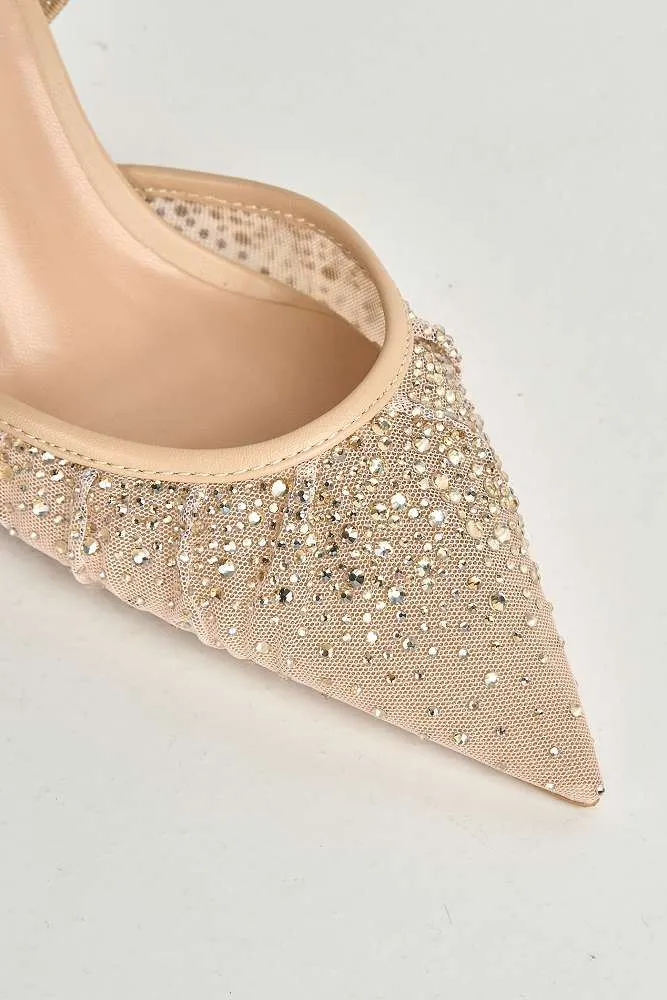 Cynthia Gemstone Embellished Mesh Slingback Court Shoes in Nude