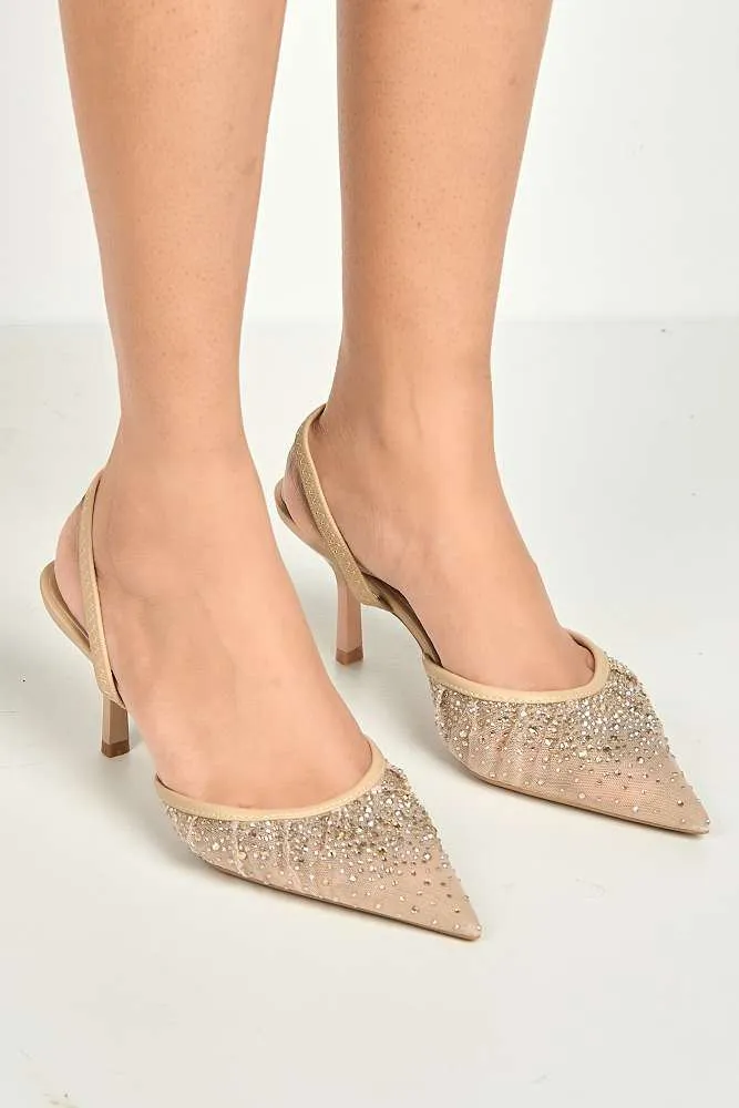 Cynthia Gemstone Embellished Mesh Slingback Court Shoes in Nude