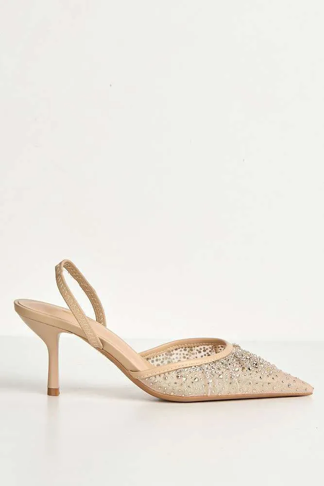 Cynthia Gemstone Embellished Mesh Slingback Court Shoes in Nude