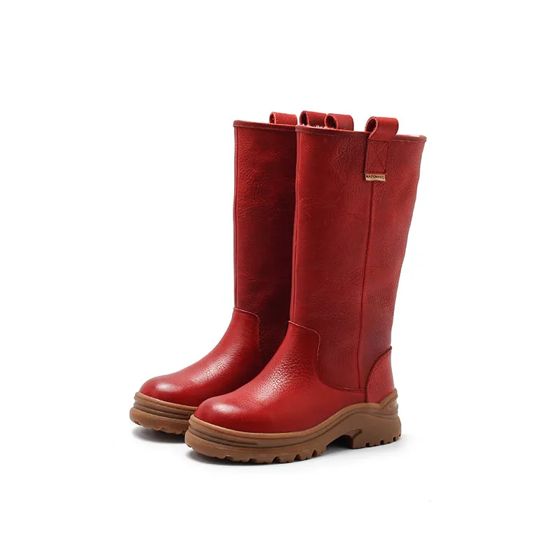 Dwarves Leather Mid Calf Boots Shearling Lined Snow Boots for Winter in Black/Red/Coffee