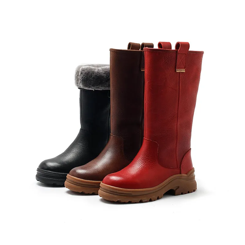 Dwarves Leather Mid Calf Boots Shearling Lined Snow Boots for Winter in Black/Red/Coffee