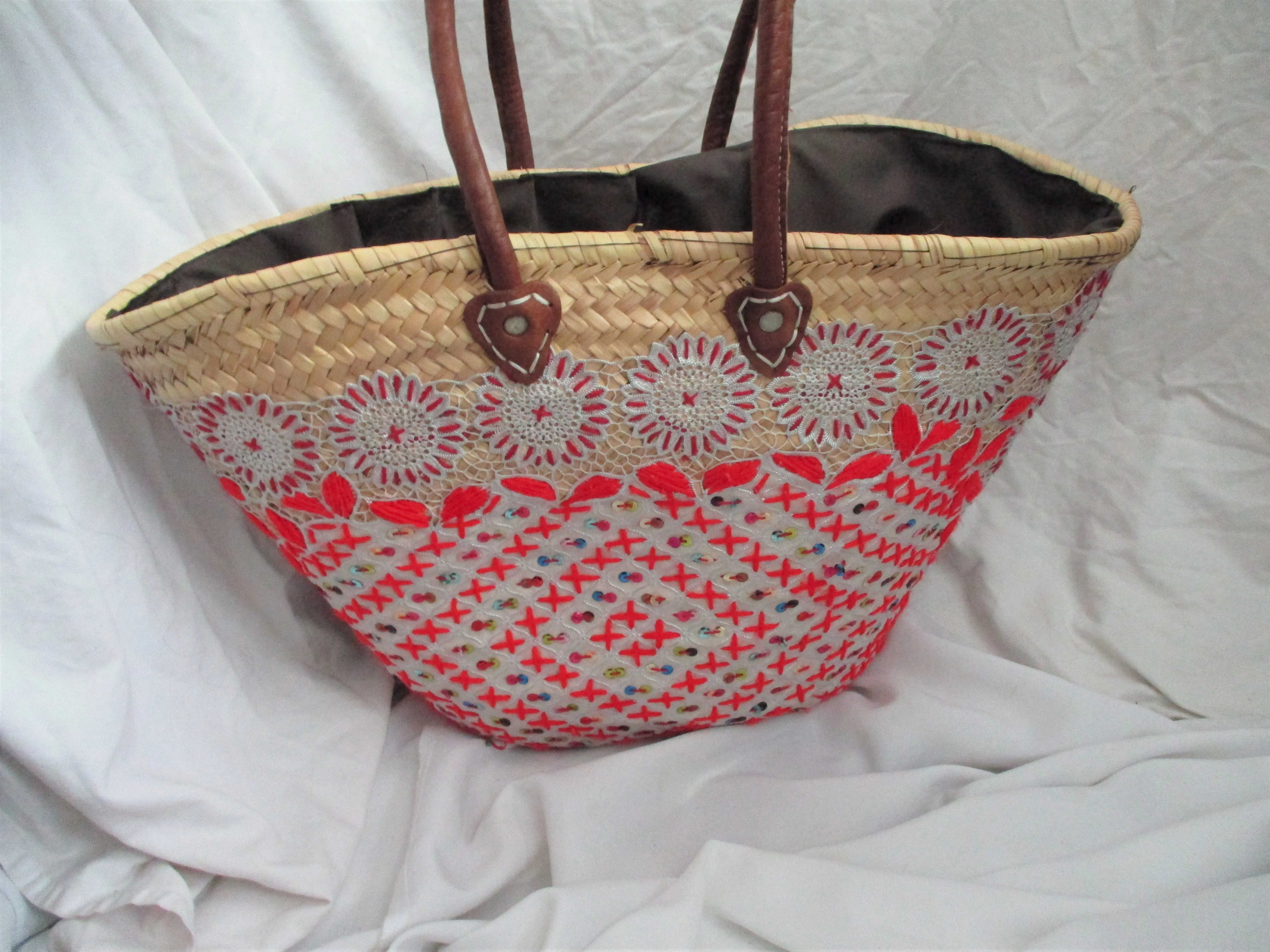 Embroidered Woven Basket Bucket TOTE Bag NATURAL Shopper Market Summer Purse