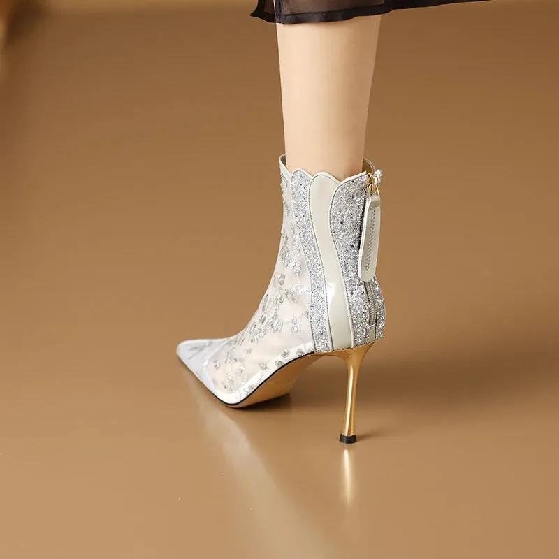 Enchanting Sequined Mesh Decor Metal Thin High Heel Shoes