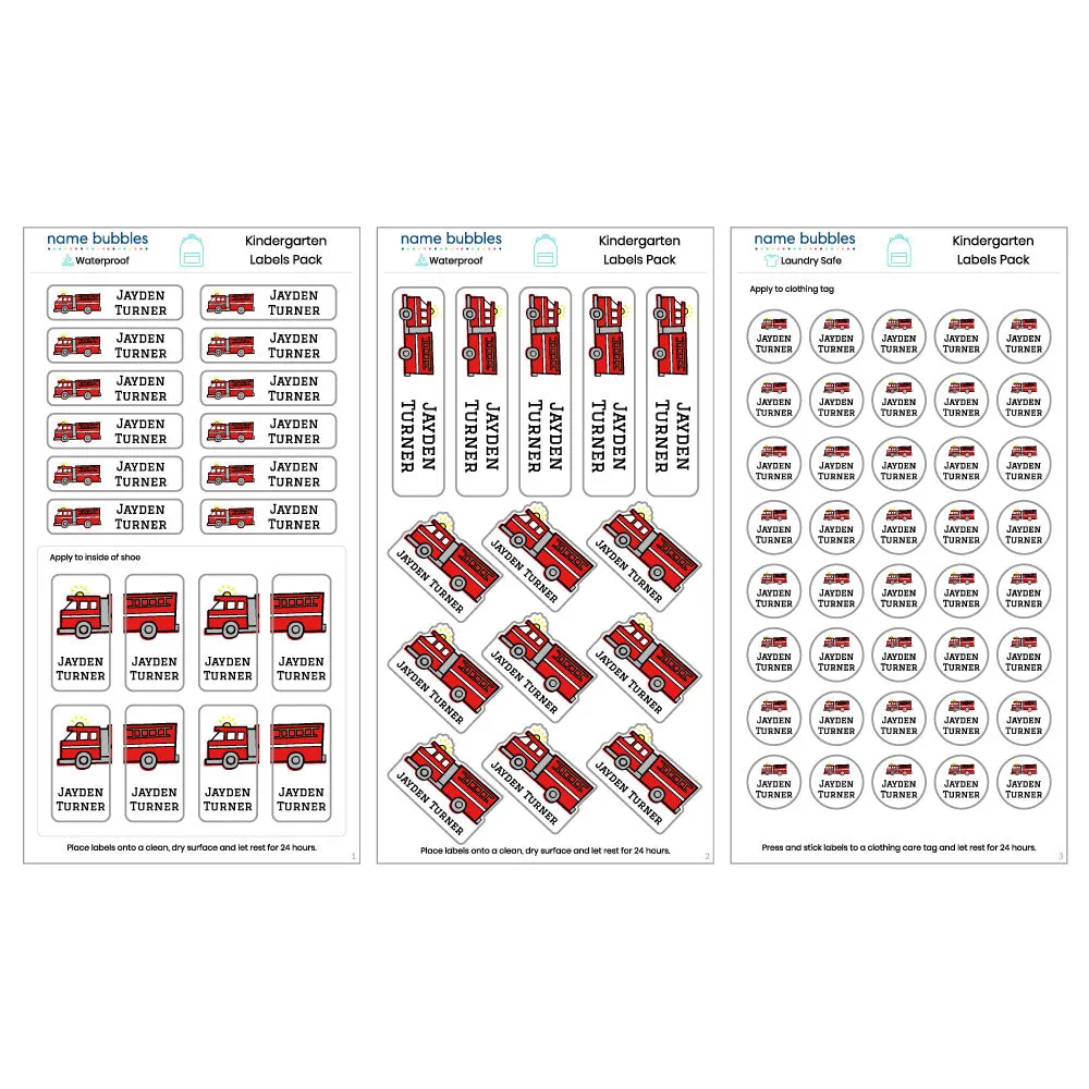 Fire Truck Kindergarten Labels Pack