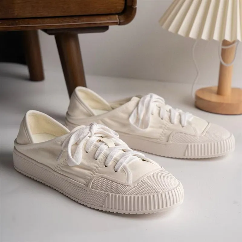 Genuine Leather Flat Sneakers for Women Low-top Lace Up in White