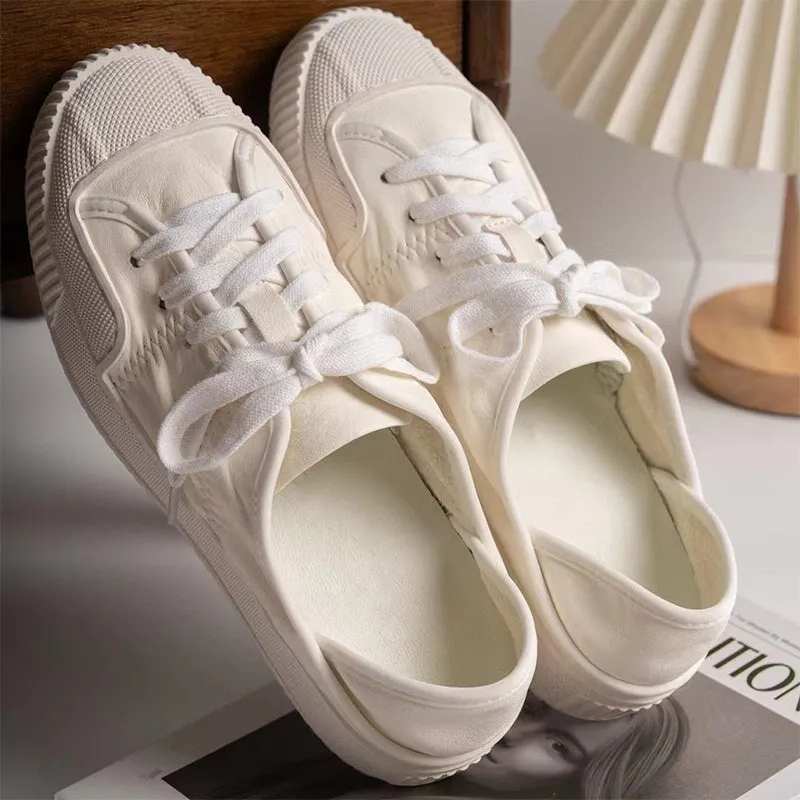 Genuine Leather Flat Sneakers for Women Low-top Lace Up in White