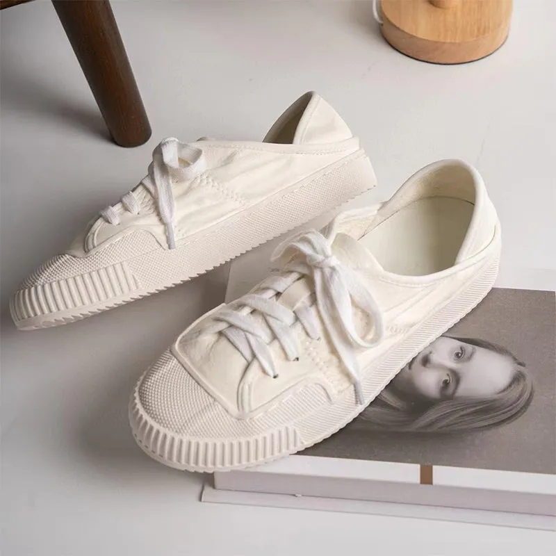 Genuine Leather Flat Sneakers for Women Low-top Lace Up in White