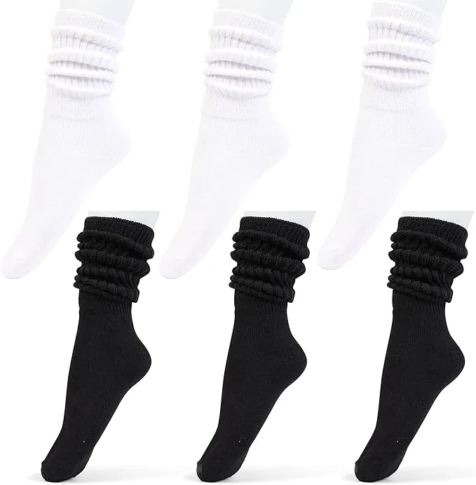 Girls' Knee High Slouch Socks - 6 Pack in Black & White for Stylish Comfort