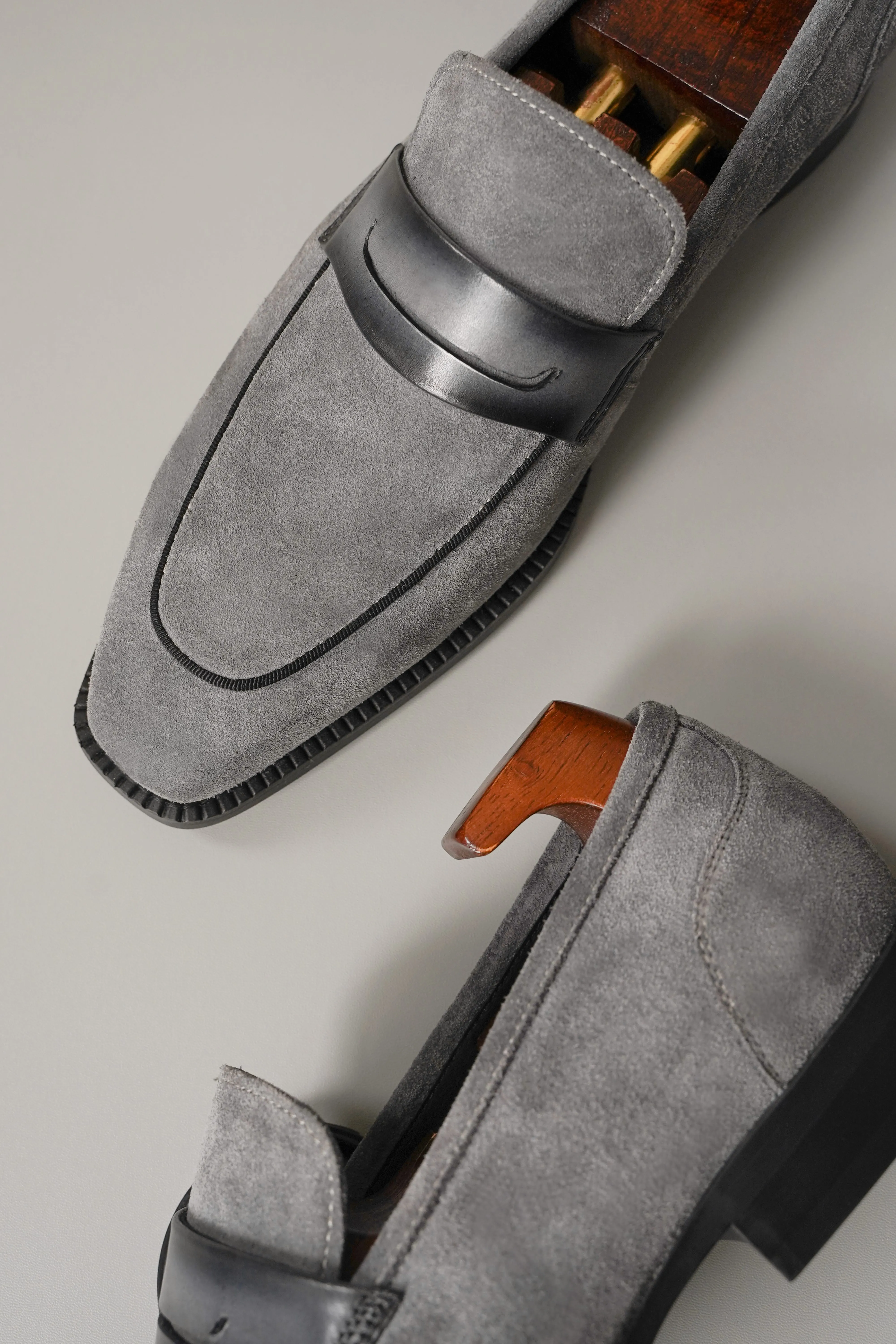 Gray Suede Penny Loafers