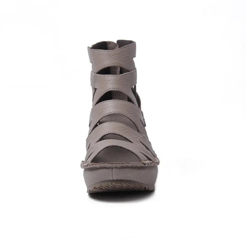 Handmade Leather Gladiator Sandals Retro Peep Toe Wedges in Black/Grey