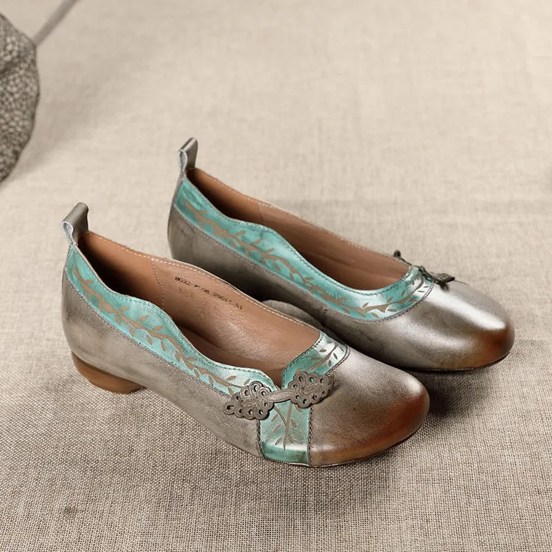 Handmade Leather Low Heel Round Toe Loafers Color Blocking in Gray