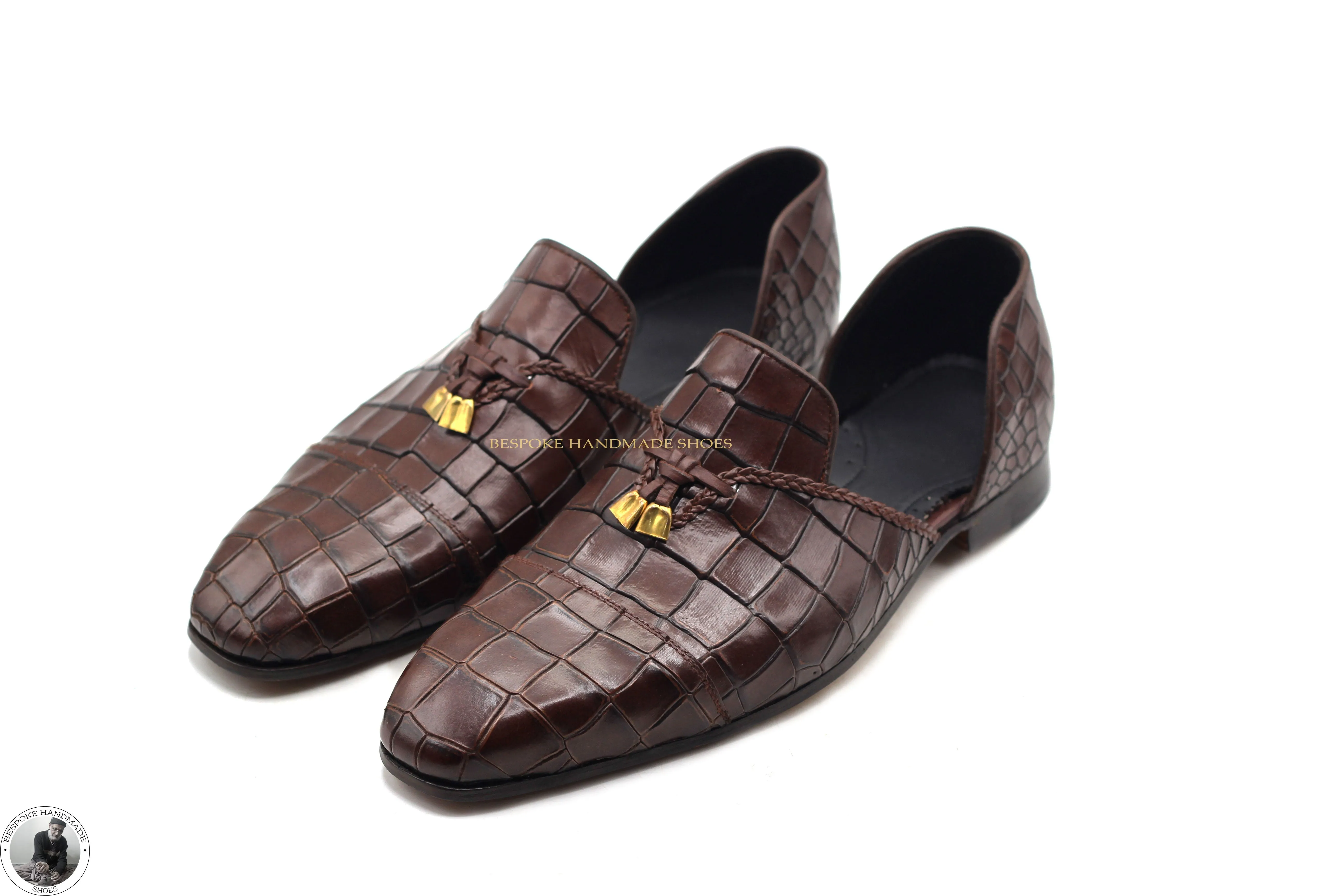 Handmade Men's Brown Leather Half Slip On With Leather Tassel Dress Shoes For Men's