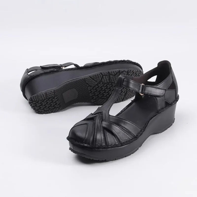 Handmade Woven Leather Gladiator Sandals Close Toe Wedges in Black/White